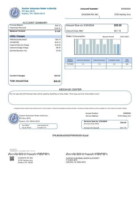 USA Eastern Suburban Water Authority business utility bill template in Word and PDF formats